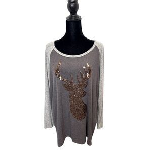 mm❤️mm❤️mm Women's L/S Top Bronze Sequin Deer Christmas/Holiday Top Size-XL EUC